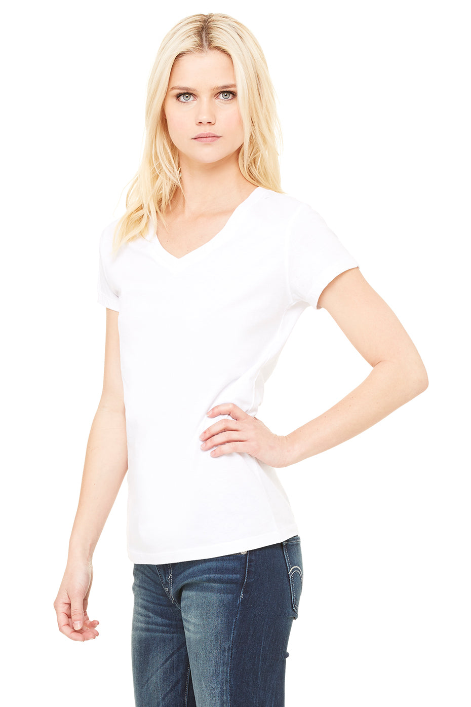 V-neck Short Sleeve Slim fit Jersey Top/Tee-White