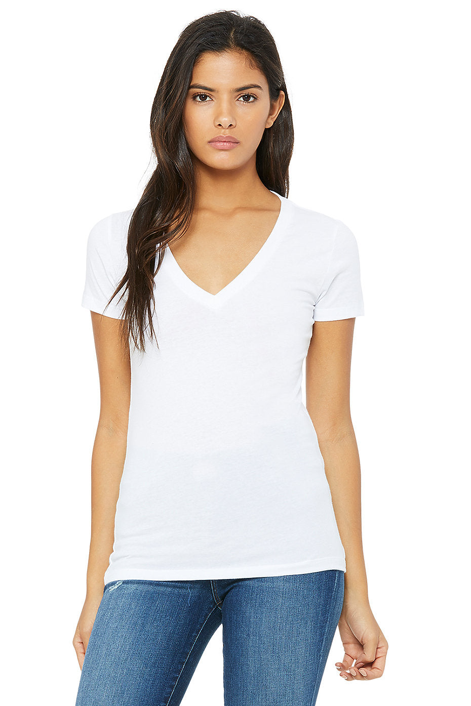 Deep V-neck Short Sleeve Slim fit Jersey Top/Tee-White