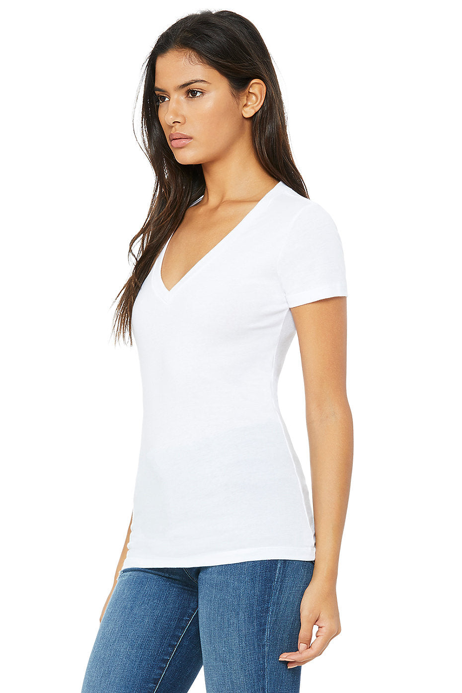 Deep V-neck Short Sleeve Slim fit Jersey Top/Tee-White