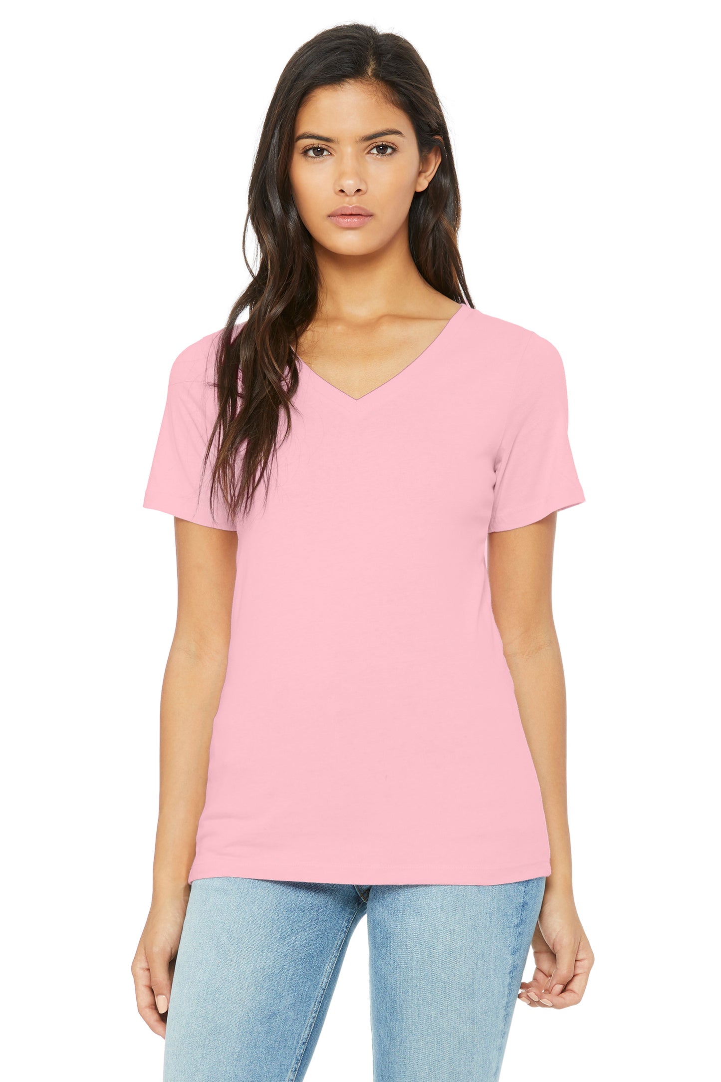 V-neck Short Sleeve Unisex Jersey Shirt-Pink